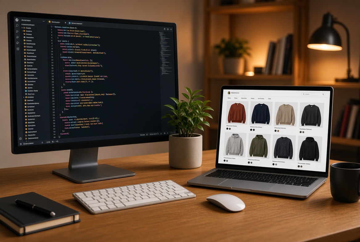 Workspace with code editor and online storefront