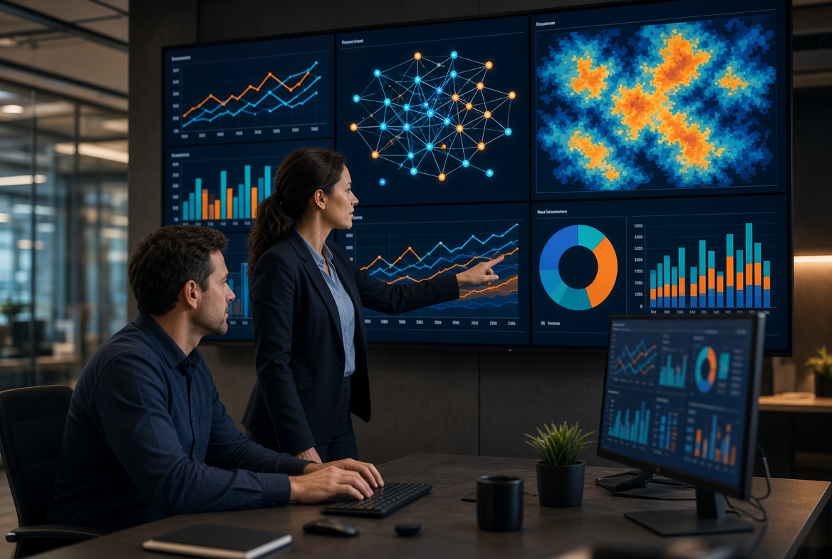 Team reviewing visual analytics dashboards